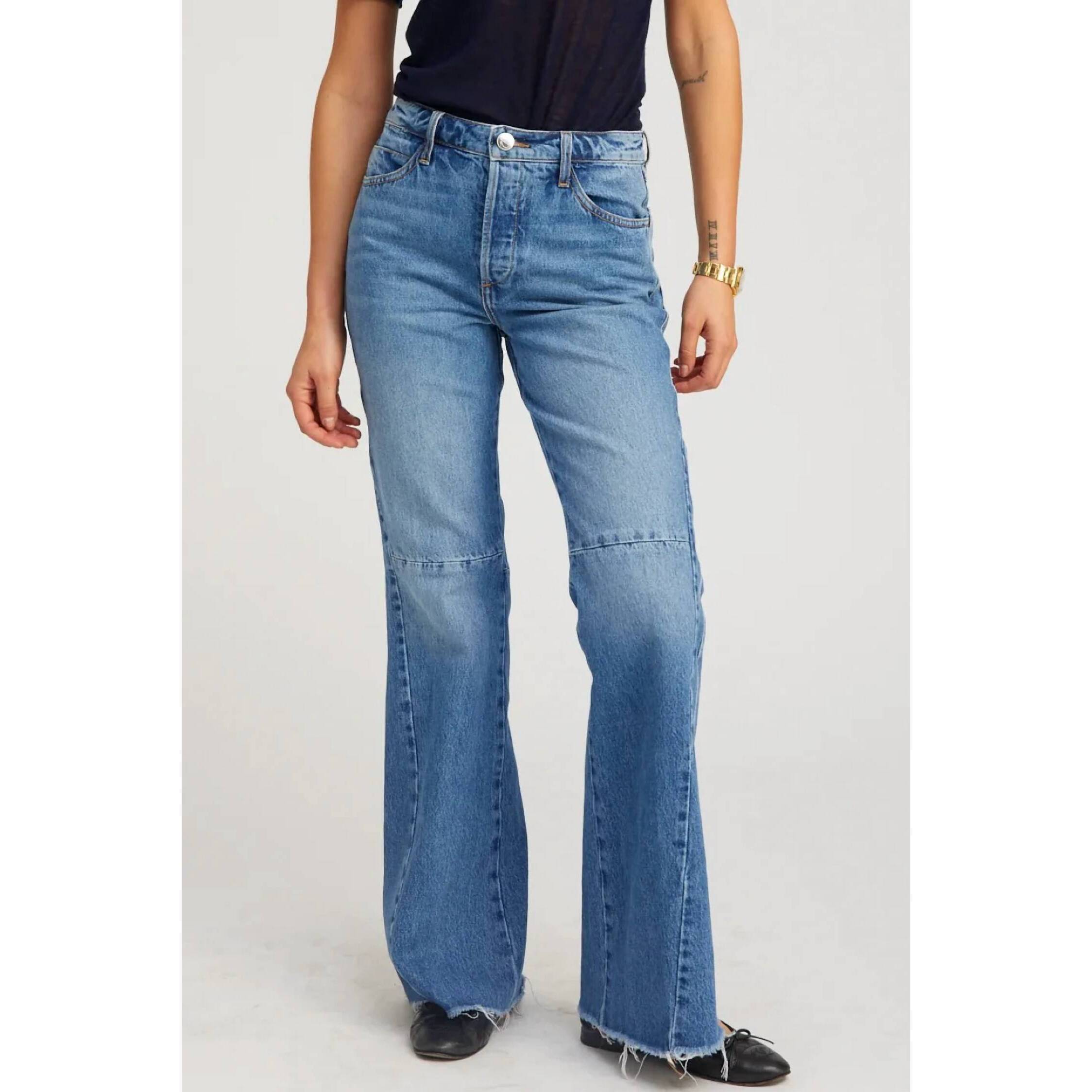 New Sprwmn 5 Pocket Patch Flare Jeans In Medium Blue Stone Wash